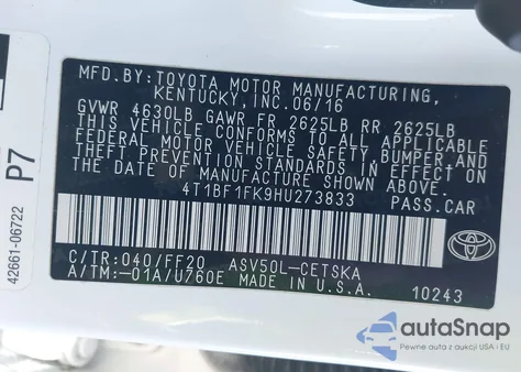 2017 Toyota Camry Se z USA, uszkodzony, nr VIN 4T1BF1FK9HU273833